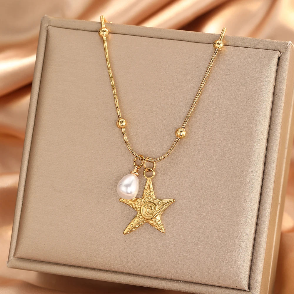 DOTIFI Stainless Steel Starfish Spiral Pearl Pendant Necklace Luxurious Ocean Resort Style Collarbone Chain Jewelry For Women