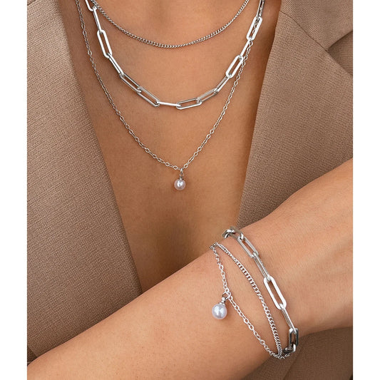 Aomogo Stainless Steel Jewelry Set Delicate Pearl Pendant Jewelry Set Luxury Multi-Layer Chain Jewelry Set For Women Jewelry