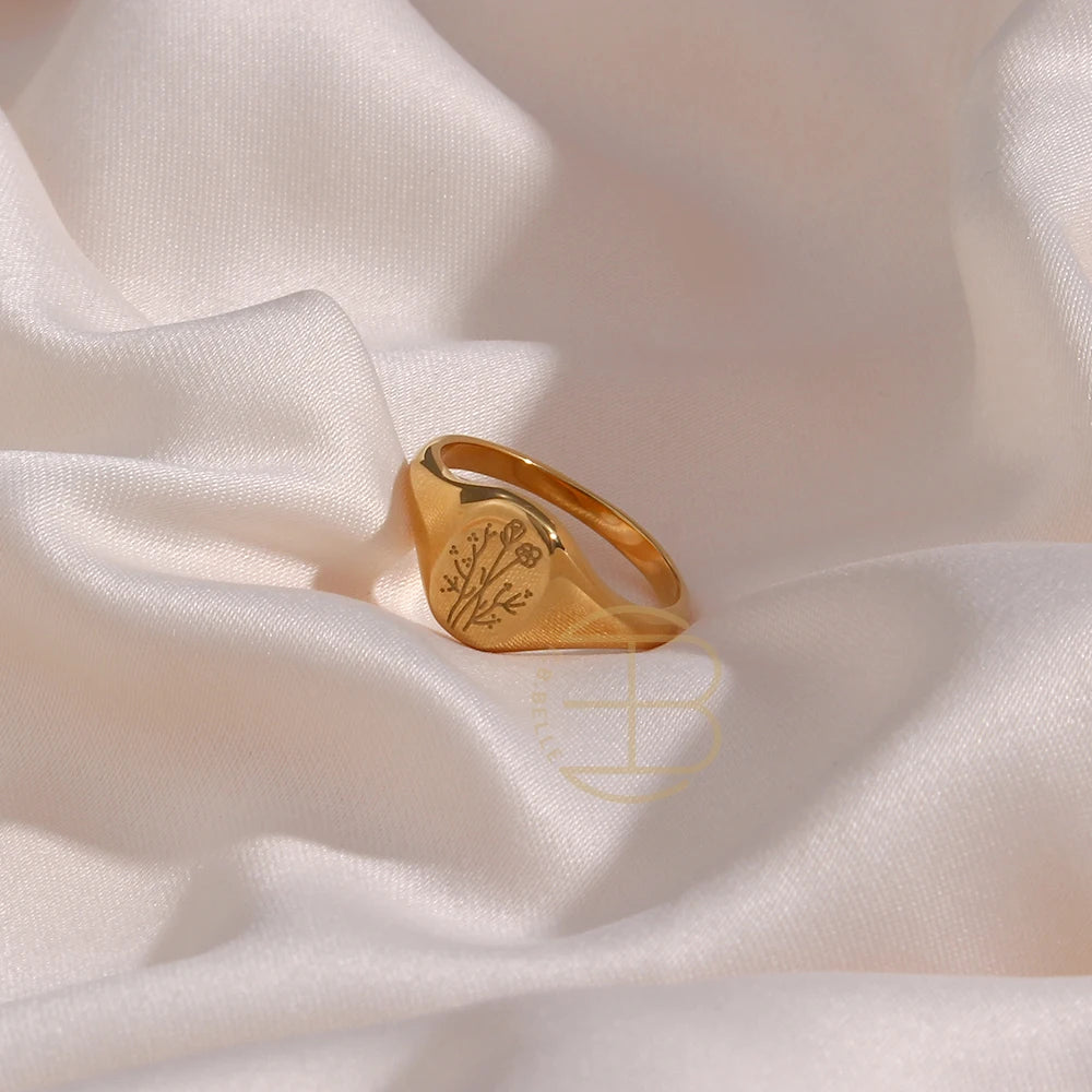 Tarnish-Free Botanical 18k Gold Signet