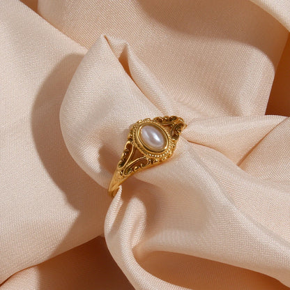 2023 New Thin 18K Gold Plated Hollow Texture Natural Freshwater Pearl Rings For Women Stainless Steel Tarnish Free Gold Ring