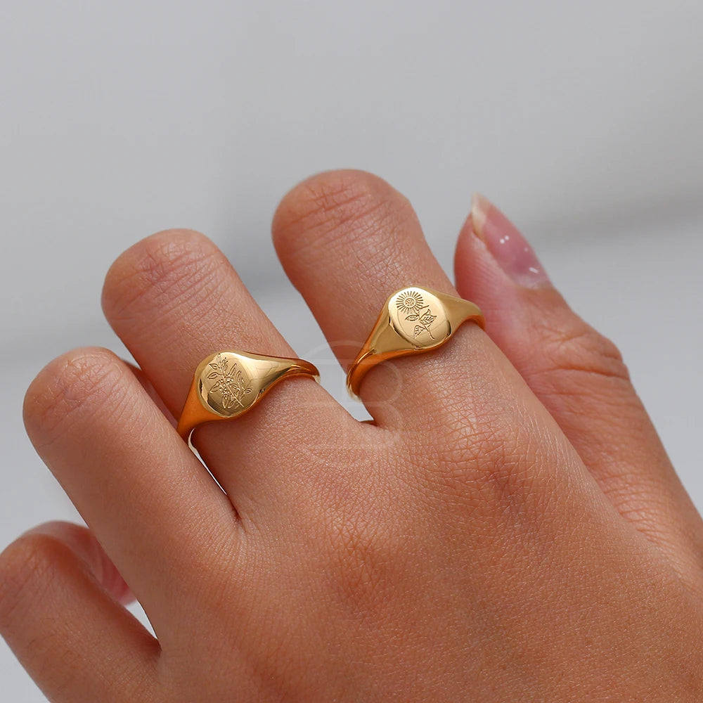 Tarnish-Free Botanical 18k Gold Signet