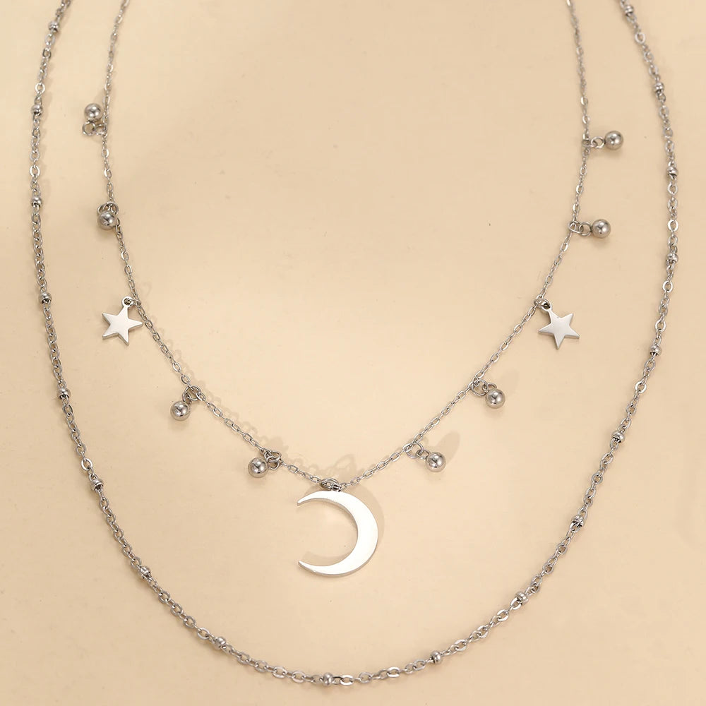 Stainless Steel Necklaces Elegant Romantic Star Moon Pendant Multilayer Chain Necklace For Women Jewelry Banquet Fine Gift New