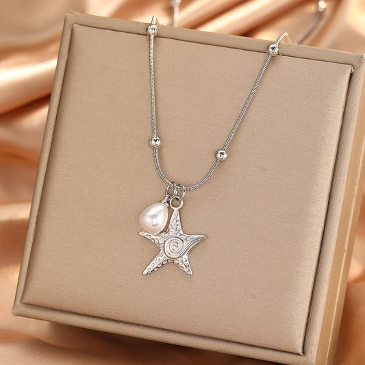 DOTIFI Stainless Steel Starfish Spiral Pearl Pendant Necklace Luxurious Ocean Resort Style Collarbone Chain Jewelry For Women
