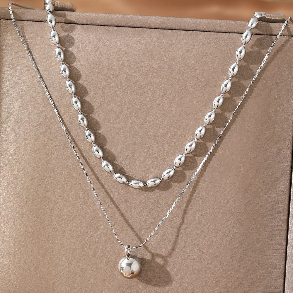 Stainless Steel Necklaces Metal Ball Minimalist Double Clavicle Chain New Popular Necklace For Women Jewelry Banquet Ornate Gift