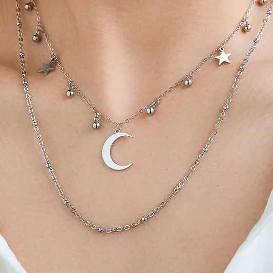 Stainless Steel Necklaces Elegant Romantic Star Moon Pendant Multilayer Chain Necklace For Women Jewelry Banquet Fine Gift New