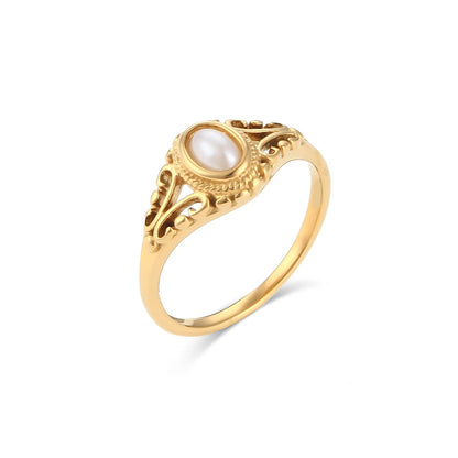 2023 New Thin 18K Gold Plated Hollow Texture Natural Freshwater Pearl Rings For Women Stainless Steel Tarnish Free Gold Ring