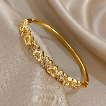Elegant Zircon Heart Patchwork Cuff Bracelet for Women Fashion Gold Plated Copper Stacking Bangle Bracelets Jewelry Gifts