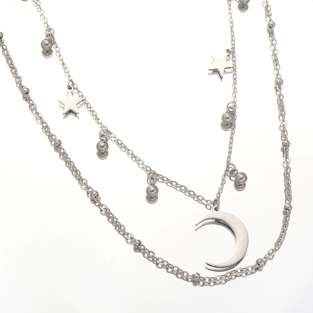Stainless Steel Necklaces Elegant Romantic Star Moon Pendant Multilayer Chain Necklace For Women Jewelry Banquet Fine Gift New